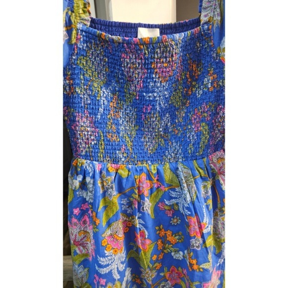 Vivid Blue cottagecore boho floral Smocked Mini Dress Long Puff Sleeve Womens L - Picture 3 of 9